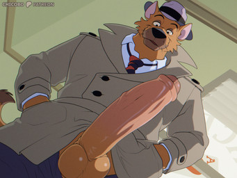 anthro balls big_penis black_eyebrows blue_bottomwear blue_clothing blue_pants bottomwear brown_balls brown_body brown_fur brown_penis clothing coat countershade_genitalia countershade_penis countershading erection eyebrows foreskin fur genitals glistening glistening_balls glistening_genitalia glistening_penis grey_body grey_clothing grey_fur grey_hat grey_headwear grey_jacket grey_topwear hand_in_pocket hands_down hat headgear headwear huge_penis humanoid_genitalia humanoid_penis jacket light long_penis looking_down male necktie pants partially_retracted_foreskin penis pockets red_necktie shadow shirt solo thin_eyebrows topwear trenchcoat trilby vein veiny_penis whisker_spots whiskers white_clothing white_shirt white_topwear chicobo dog_city fox_kids nelvana ace_hart canid canine canis domestic_dog german_shepherd herding_dog mammal pastoral_dog 2025 4:3 lighting shaded shaded_line_art