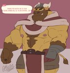 anthro bottomwear clothing dialogue humanoid_hands male muscular muscular_male nipples shorts solo text viking_helmet shadowmatamori animal_crossing nintendo vic_(animal_crossing) bovid bovine cattle mammal 2024 english_text hi_res