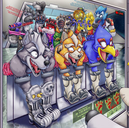 3_toes 4_toes anthro beak black_nose black_pawpads blue_body blue_feathers bodily_fluids boots brush cheek_tuft claws clothing crying_laughing eyebrows facial_tuft feathers feet foot_fetish foot_lick footwear fur fur_tuft grey_body grey_fur group laugh licking male mirror one_eye_closed orange_body orange_fur pawpads paws pink_tongue restrained saliva shoes tan_body tan_fur tears teeth tickle_fetish tickle_torture tickling tickling_feet tickling_machine toe_claws toes tongue toothbrush trio_focus tuft whiskers white_body white_fur white_sclera yellow_beak martie_(artist) nintendo star_fox falco_lombardi fox_mccloud wolf_o'donnell avian bird canid canine canis fox mammal wolf hi_res