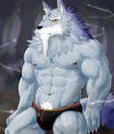 abs anthro black_clothing black_nose black_underwear blue_body blue_fur blush claws clothed clothing eyebrows fur looking_at_viewer male muscular muscular_anthro muscular_male navel nipples pecs pubes solo topless underwear eurobeat sdorica law_(sdorica) canid canine canis mammal wolf hi_res