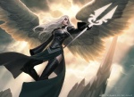 armor boots clothing feathered_wings feathers female flying footwear hair melee_weapon polearm shoes solo spread_wings weapon white_eyes white_hair wings jason_chan hasbro magic:_the_gathering wizards_of_the_coast avacyn angel official_art