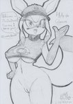 anthro blush bodily_fluids bottomless breasts clothed clothing dialogue female genital_fluids genitals hand_on_hip hat headgear headwear holowear_(pokemon) innie_pussy looking_at_viewer navel nipple_outline open_mouth open_smile pokemorph pussy smile smiling_at_viewer speech_bubble talking_to_viewer text topwear under_boob vaginal_fluids lunaris_parukia nintendo pokemon pokemon_unite holly_(lunaris_parukia) eeveelution generation_4_pokemon glaceon pokemon_(species) 2022 english_text graphite_(artwork) traditional_media_(artwork)