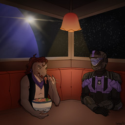 3_fingers anthro arm_quills armor chopsticks claws clothing corner cosmic_background duo faceless_character faceless_human faceless_male finger_claws fingers food grey_body hair headgear helmet kerchief light male odst pho planet red_hair red_quills restaurant sitting space space_background star starry_background topwear vest milkart2072 halo_(series) microsoft xbox_game_studios flux_(shoryuken92) alien human kig-yar mammal ruuhtian scalie 1:1 colored hi_res lighting