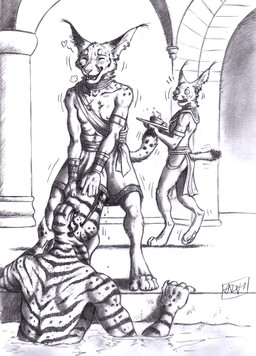 ambiguous_gender bath bathhouse being_watched blush bodily_fluids bracelet breasts caught claws cunnilingus digitigrade dripping fangs female female/ambiguous finger_claws fur genital_fluids group hand_on_head heart_symbol jewelry looking_at_another markings multi_nipple nipples open_mouth open_smile oral paws public public_sex sex shocked short_tail size_difference smile spots spotted_body spotted_fur striped_body stripes tail teeth text trio vaginal vaginal_fluid_drip vaginal_fluids 0laffson felid feline lizard lynx mammal reptile scalie 2025 english_text greyscale hi_res monochrome traditional_media_(artwork) female_(lore)