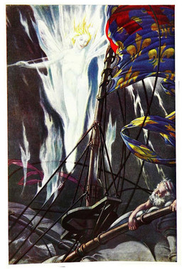 ambiguous_gender art_nouveau beard blonde_hair clothing duo electricity facial_hair flag flag_(object) fleur-de-lis floating hair hat headgear headwear historical insect_wings lightning male mast night outside pale_skin ship storm vehicle watercraft white_beard white_facial_hair white_hair wings paul_vincent_woodroffe the_tempest william_shakespeare fairy human humanoid mammal 1908 20th_century ancient_art traditional_media_(artwork)