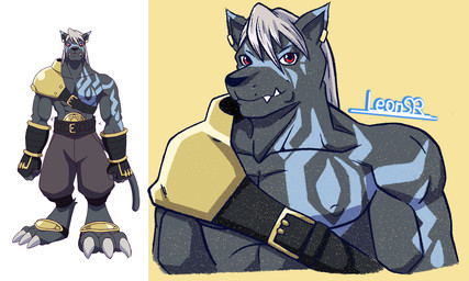 abs anthro armor bare_chest belt black_body black_fur claws clothing fur gloves hair handwear male muscular muscular_anthro muscular_male pauldron pecs red_eyes solo tattoo toe_claws white_hair leonsr bandai_namco digimon digimon_beatbreak digimon_(species) murasamemon 5:3