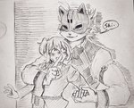 anthro clothing duo female fur hand_holding lying male mask on_back shirt shush topwear vest hayata_461 lifewonders live_a_hero female_operator protagonist_(live_a_hero) vulpecula canid canine fox human mammal hi_res pen_(artwork) sketch traditional_media_(artwork)