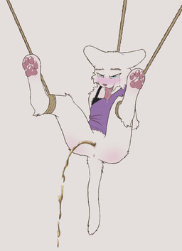 asphyxiation bdsm blue_eyes blue_sclera bodily_fluids bondage bound bra brown_eyebrows clothed clothing eyebrows female fur genital_fluids hands_behind_back hanged pawpads pink_nose pink_pawpads pink_tongue pivoted_ears restraints rope rope_bondage saliva saliva_string solo tail tears tongue tongue_out underwear urine watersports white_body white_fur chuchochi domestic_cat felid feline felis mammal hi_res