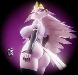anthro armwear beak big_breasts big_butt black_armwear black_clothing black_elbow_gloves black_fingerless_gloves black_fingers black_gloves black_handwear black_legwear black_thigh_highs breasts butt clothing crown elbow_gloves eyelashes eyeshadow feather_hair feathers female fingerless_gloves gloves hand_on_leg hand_on_own_leg hand_on_own_thigh hand_on_thigh handwear headgear legwear leotard long_eyelashes looking_at_viewer low-angle_view makeup non-mammal_breasts pink_beak pink_eyeshadow pink_sclera pseudo_hair puffy_sleeves purple_background purple_clothing purple_leotard rear_view simple_background solo standing tail tail_feathers thigh_highs white_body white_eyes white_feathers wide_hips impaer_jaster valorlynz_(modeler) hellaverse helluva_boss stella_(helluva_boss) anatid anseriform anserine avian bird bird_demon demon swan 3d_(artwork) digital_media_(artwork) hi_res watermark