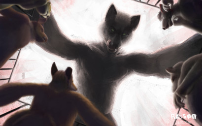 anthro belly cage fur green_eyes grey_body grey_fur group imminent_vore in_cage licking licking_lips logo looming_over low-angle_view male micro scared slave tongue tongue_out ransom_(artist) banryu canid canine canis mammal wolf 16:10 2016 artist_logo colored dated hi_res widescreen