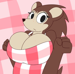 4_fingers anthro big_breasts black_eyes black_nose breasts brown_body brown_fur cleavage clothed clothing dress female fingers fist freckles front_view frown fur huge_breasts looking_at_viewer pattern_background pattern_clothing pattern_dress pink_background pink_clothing pink_dress plaid plaid_background plaid_clothing plaid_dress raised_arms red_clothing red_dress simple_background solo tan_body tan_fur tan_inner_ear white_clothing white_dress mr_rottson animal_crossing nintendo sable_able eulipotyphlan hedgehog mammal 2020 hi_res