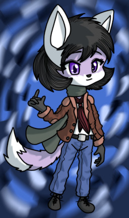 accessory anthro belt black_hair blue_bottomwear blue_clothing blue_jeans blue_pants bottomwear clothing denim denim_bottomwear denim_clothing female footwear fur gloves hair handwear jacket jeans loli mouth_closed necktie pants parody purple_body purple_fur scarf shirt shoes short_hair solo standing topwear white_body white_clothing white_fur white_shirt white_topwear young dragojin_(artist) aurora_phoenix canid canine fox mammal hi_res