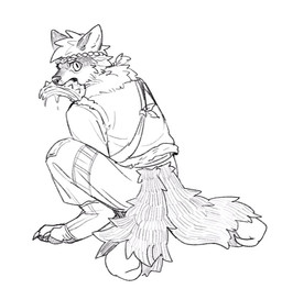 2_tails anthro bottomwear cheek_tuft clothed clothing crouching digitigrade facial_tuft hair looking_at_viewer male multi_tail neck_tuft object_in_mouth short_hair simple_background solo tail three-quarter_view topwear tuft unsigned wide_eyed asnnonaka arno_(asnnonaka) canid mammal