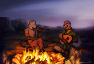 5_fingers anthro bowed_string_instrument campfire clothed clothing detailed_background duo fingers fire lute male musical_instrument open_mouth outside plucked_string_instrument smile string_instrument teeth tongue violin reilukah domestic_ferret mammal mustelid musteline otter true_musteline weasel 2018 digital_media_(artwork) shaded