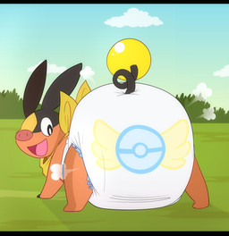 ambiguous_gender big_diaper black_body black_ears black_tail clean_diaper clothed clothing cloud cloud_emanata detailed_background diaper diaper_puff emanata facial_markings feral grass head_markings kerchief looking_back markings multicolored_body neckerchief neckwear open_mouth open_smile orange_body plant rear_view red_nose shrub sky smile solo tail wearing_diaper yellow_body yellow_kerchief yellow_neckerchief jupiters nintendo pokemon spark_(babypants666) generation_5_pokemon pokemon_(species) tepig full-length_portrait hi_res letterbox portrait