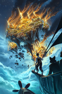above_clouds aircraft airship anthro building clothed clothing cloud detailed_background digitigrade disaster fire floating_city fully_clothed group machine male overalls propeller rolled_up_sleeves rubble sail silhouette smoke solo_focus standing tower vehicle maximum993 background_character justice_(miwauturu) android lagomorph leporid mammal rabbit robot 2026 2:3 absurd_res digital_media_(artwork) hi_res