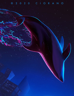 ambiguous_gender black_body feral full_moon moon sky solo splash star starry_sky synthwave water ciorano aquatic cetacean mammal 2020 hi_res