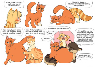 ambiguous_gender anus bodily_fluids brown_body brown_fur ear_tuft female feral fur green_eyes group internal male orange_body orange_fur sitting standing sweat sweatdrop tabby_fur text trio tuft unbirthing vaginal vore white_paw yellow_body yellow_eyes yellow_fur shoelace_(artist) warriors_(book_series) brambleclaw_(warriors) fan_character sparkpelt_(warriors) squirrelstar_(warriors) domestic_cat felid feline felis mammal english_text hi_res