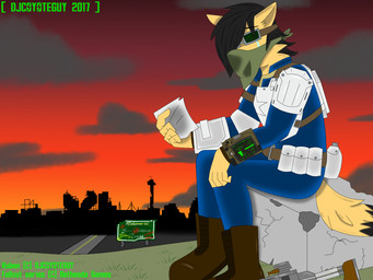 anthro armor bodily_fluids city clothing crying eyewear gun kerchief outside post-apocalyptic ranged_weapon rifle ruins sad skinsuit solo sunset tears tight_clothing vault_suit weapon djcoyoteguy fallout microsoft ruben_(djcoyoteguy) canid canine canis coyote mammal 4:3 hi_res