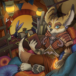 4_toes anthro armor barefoot big_ears black_nose black_pawpads blue_eyes book brown_body brown_fur claws ear_piercing eyebrows feet flower fur gem holding_book holding_object inkwell inside ladder lamp looking_at_viewer magic male multicolored_body multicolored_fur pawpads paws piercing pillow plant rope scroll sitting soles solo stripes tan_body tan_fur thick_eyebrows toe_claws toes vase white_body white_fur wraps wrist_wraps divinetofu blizzard_entertainment warcraft canid mammal vulpera 1:1 hi_res