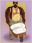 anthro belly bodily_fluids fur male musclegut muscular muscular_anthro muscular_male nipples overweight overweight_anthro overweight_male pecs solo suspenders sweat tcw tcw_(character) canid canine canis domestic_dog german_shepherd herding_dog mammal pastoral_dog