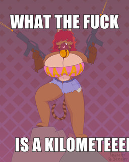 anthro big_breasts blue_bottomwear blue_clothing blue_jeans blue_pants bottomwear breasts brown_body brown_fur clothed clothing denim denim_bottomwear denim_clothing denim_shorts female fur gradient_background gun hair hair_over_eyes huge_breasts jeans open_mouth pants pattern_background pink_clothing pink_shirt pink_topwear profanity ranged_weapon red_hair screaming shirt shooting shooting_gun shorts simple_background solo text text_on_clothing text_on_shirt text_on_topwear thick_thighs topwear weapon toasterstealer bonnie_(dapper_lil_arts) domestic_cat felid feline felis mammal 4:5 english_text hi_res meme