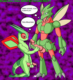 anthro anthro_on_anthro balls blue_eyes bodily_fluids cum dominant dominant_male duo erection genital_fluids genitals handjob humanoid_genitalia humanoid_penis insect_wings kneeling male male/male master masturbation membrane_(anatomy) membranous_wings penile penile_masturbation penis pokemorph red_eyes sex slave submissive submissive_male tail wings dark-moltres nintendo pokemon fan_character scy_storm_(character) flygon generation_1_pokemon generation_3_pokemon pokemon_(species) scyther 2009