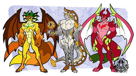 anthro group male muscular muscular_anthro muscular_male pose trio zombie_maykr cookie_run mythology ananas_dragon_cookie longan_dragon_cookie pitaya_dragon_cookie dragon goo_creature humanoid mythological_creature mythological_scalie scalie 16:9 tagme widescreen