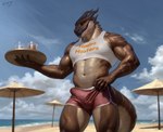 anthro beach bulge claws clothing finger_claws male muscular muscular_anthro muscular_male navel outside shirt solo standing tail tank_top topwear aduran scalie digital_drawing_(artwork) digital_media_(artwork) hi_res