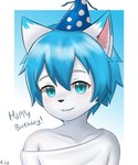 anthro birthday blue_hair hair kemono male solo caylleen domestic_cat felid feline felis mammal absurd_res bust_portrait hi_res portrait