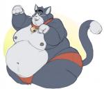 anthro bell bell_collar belly big_belly black_body black_fur captainjusticevirtsuoso clothed clothing collar domestic_cat double_chin felid feline felis fur male mammal moobs navel nipples obese obese_anthro obese_male open_mouth open_smile overweight overweight_anthro overweight_male paw_pose pose skimpy smile solo thick_thighs topless underwear white_body white_fur wide_hips
