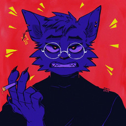 5_fingers anthro blue_body blue_fur cigarette clenched_teeth eyewear fingers fur glasses iconography male red_background simple_background smoking smoking_cigarette solo star teeth wearing_glasses javacatdotio domestic_cat felid feline felis mammal 1:1 2023 icon