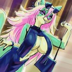 abstract_colors anthro bag big_breasts breasts clothing dress eyewear eyewear_on_head female green_body hair looking_at_viewer pink_hair solo sunglasses sunglasses_on_head wide_hips lostwisdom corkii_(character) canid canine mammal 1:1 hi_res sketch