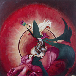 anatomically_correct_heart anatomically_correct_organ anthro cape clothed clothing dark_body dark_cape dark_fur dark_mask ear_piercing flower fur green_body green_cape green_clothing green_fur green_mask hair oil_on_canvas piercing pink_clothing plant realistic_heart realistic_organ red_clothing solo sparkles white_body white_clothing white_ears white_fur white_hair yellow_clothing halfbaked-hope nintendo pokemon generation_9_pokemon meowscarada pokemon_(species) absurd_res hi_res oil_painting_(artwork) painting_(artwork) traditional_media_(artwork) traditional_painting_(artwork)