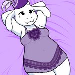 anthro bed_sheet bedding black_eyes breasts clothed clothing dress eyelashes female fur genitals hands_behind_head hat headgear headwear navel nipples purple_bed_sheet purple_bedding purple_clothing purple_dress purple_hat purple_headwear pussy smile solo translucent translucent_clothing white_body white_fur nishi_oxnard undertale_(series) toriel bovid caprine goat mammal 1:1 digital_media_(artwork)