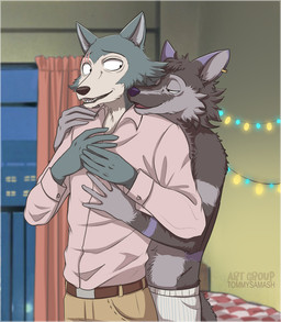 anthro bedroom boxers_(clothing) cheek_tuft clothing collared_shirt dress_pants dress_shirt duo ear_piercing ear_ring eye_scar facial_scar facial_tuft fur grey_body grey_fur half-closed_eyes head_on_shoulder head_tuft hug hugging_another hugging_from_behind male multicolored_body multicolored_fur narrowed_eyes open_mouth piercing pointy_ears purple_body purple_fur purple_nose ring_piercing scar shirt shirt_tucked_in shirtless teeth_showing topwear tuft underwear tommysamash beastars dl_wolf_(dl2288) legoshi_(beastars) canid canine canis mammal wolf