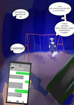 anthro breasts cellphone clothed clothing dark dialogue dress duo electronics female footwear high_heels male night park phone playground shoes sitting smartphone swingset text texting starfish_nebula onna_(starfish_nebula) bovid caprine mammal sheep hi_res spanish_text translated