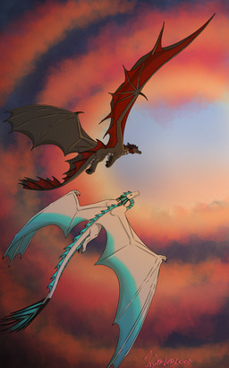 cloud cloudy_sky duo female feral flying male male/female sky sunrise sunset tail wings wyirmblood mythology seleni_islingr sikav_farkas dragon mythological_creature mythological_scalie scalie 5:8 absurd_res hi_res