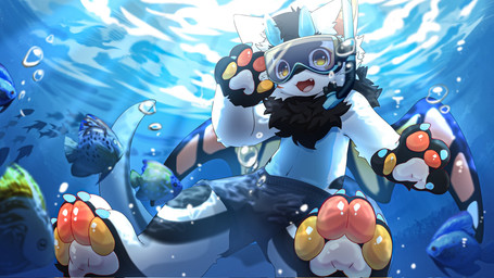 2_horns anthro black_body black_fur blue_horn bottomwear clothed clothing eyewear eyewear_on_head fur goggles goggles_on_head horn looking_at_viewer male shorts shorts_only solo topless underwater water white_body white_fur yellow_eyes hlg7777 mythology fructose_(fructose_c) arthropod butterfly dragon furred_dragon furred_scalie hybrid insect lepidopteran mythological_creature mythological_scalie scalie 16:9 2025 hi_res widescreen