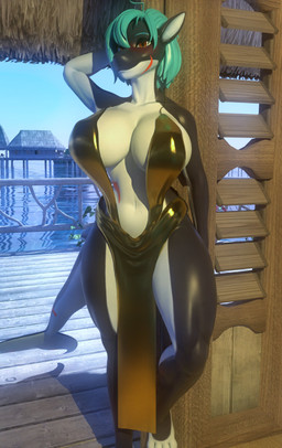 anthro beach big_breasts blue_hair breasts cabin cleavage clothed clothing dress female gold_dress hair multicolored_body orange_eyes outside solo thick_thighs tropical two_tone_body wide_hips sanguine_paladin valorlynz_(modeler) zea_nalya aquatic cetacean dolphin mammal oceanic_dolphin orca toothed_whale 3d_(artwork) absurd_res digital_media_(artwork) hi_res