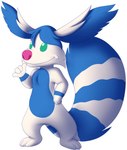 3_toes 4_fingers arm_markings blue_body blue_fur blue_hair bracelet_(marking) feet fingers fur gesture green_eyes hair hand_gesture markings pink_nose shaka_sign simple_background smile solo striped_markings striped_tail stripes tail tail_markings thick_tail toes white_background white_body white_fur mathewmii sillyewe disney lilo_and_stitch fan_character alien experiment_(lilo_and_stitch) 2021 absurd_res hi_res