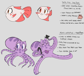 ambiguous_gender brown_eyes cane clothing female feral fish_tail grey_background group hat headgear headwear pink_fin pink_tail purple_body purple_eyes purple_tentacles simple_background tail tentacles text top_hat trio seddient disney finding_dory finding_nemo pixar hank_(finding_dory) aquatic cephalopod coleoid fish mollusk octopodiform octopus 2022 english_text hi_res model_sheet