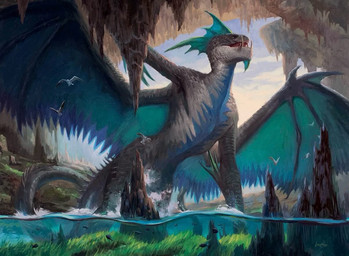 ambiguous_gender cave cloud day detailed_background feral fin grass horn macro membrane_(anatomy) membranous_wings open_mouth partially_submerged plant solo tail water wings lucas_graciano hasbro magic:_the_gathering mythology wizards_of_the_coast ambient_bird ambient_fish ambient_sealife dragon mythological_creature mythological_scalie scalie official_art