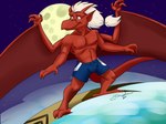 anthro bottomwear clothed clothing full_moon hair horn humanoid_pointy_ears male membrane_(anatomy) membranous_wings moon muscular muscular_male navel night nipples pointy_ears red_body shorts solo star surfboard surfing tail topless water wave white_hair wings jandan disney gargoyles brooklyn_(gargoyles) gargoyle scalie 4:3 digital_media_(artwork)