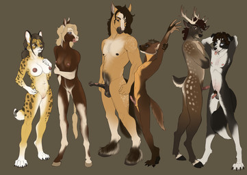 2_horns adolescent animal_genitalia animal_penis anthro antlers areola balls biped black_body black_fur black_hair black_markings black_nose black_spots breasts brown_body brown_fur brown_hair circumcised circumcision_scar claws countershade_face countershade_fur countershade_torso countershading dipstick_tail equine_genitalia equine_penis erection facial_markings female flared_penis fur genital_scar genitals glans gloves_(marking) group hair hands_behind_head head_markings hooves horn humanoid_genitalia humanoid_penis humanoid_vulva leg_markings looking_at_another male markings medial_ring medium_breasts muzzle_(marking) navel nipples nude penis pubes realistic_penis_size scar scut_tail short_hair short_tail simple_background small_breasts socks_(marking) spots spotted_body spotted_fur stretching tail tail_markings tan_body tan_countershading tan_fur tan_hair toe_claws unguligrade vulva white_body white_countershading white_fur white_markings white_spots young bruno_hirschkoff canid canine canis cervine collie deer domestic_dog elk equid equine felid feline herding_dog horse mammal mustelid musteline pastoral_dog pony serval sheepdog true_musteline weasel 2026 absurd_res hi_res