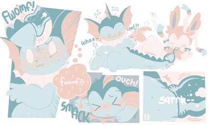 >.< ambiguous_gender blush bodily_fluids confusion dorsal_ridge drinking drinking_straw duo ear_frill endosoma feral frill_(anatomy) fur fwomp liquid_body lying neck_frill on_front on_ground pink_tail ribbons_(anatomy) rumbling_stomach safe_vore simple_background sitting squean swallowing sweat tail tail_motion tailwag thought_bubble tripping vore white_background white_body white_fur conduitcore nintendo pokemon eeveelution generation_1_pokemon generation_6_pokemon pokemon_(species) sylveon vaporeon 2023 5:3 comic hi_res