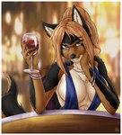 alcohol anthro beverage black_body black_fur blue_eyes border brown_body brown_fur classy clothing dress female fur hair inner_ear_fluff looking_at_viewer ponytail scar solo tuft v-cut white_body white_border white_fur white_inner_ear_fluff wine morgore trials_in_tainted_space paige_(tits) ausar canid canine canis domestic_dog german_shepherd herding_dog mammal pastoral_dog absurd_res hi_res