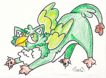 brown_body brown_fur fur green_body green_fur looking_at_viewer scan solo tail wings stupidshepherd mythology avian gryphon mythological_avian mythological_creature crayon_(artwork) hi_res sketch traditional_media_(artwork)