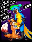 3_toes 4_toes ahegao anthro balls belly big_tail bioluminescence bioluminescent_penis blue_body bodily_fluids breath chest_tuft circumcised countershading crotch_tuft cum cum_inside dialogue duo ejaculation eyebrows eyeshadow eyewear facial_markings feet fellatio fluffy fluffy_tail foreskin genital_fluids genitals glasses glowing glowing_genitalia glowing_penis hair hands-free head_markings hesitant kneeling looking_pleasured makeup male male/male markings mood_ring onomatopoeia open_mouth oral orange_body panting penile penis ponytail raised_eyebrows round_glasses sex sound_effects speech_bubble tail text toes tuft yellow_belly meatyr mitchell_(meatyr) ara_(genus) avian bird blue-and-yellow_macaw macaw neotropical_parrot parrot true_parrot 3:4 absurd_res colored hi_res signature