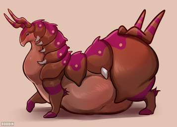 abdominal_bulge blue_eyes brown_body exoskeleton feral feral_pred male male_pred markings multiple_prey neck_bulge purple_markings quadruped spines vore yellow_sclera roobin nintendo pokemon drythkalt fan_character generation_5_pokemon pokemon_(species) scolipede absurd_res hi_res